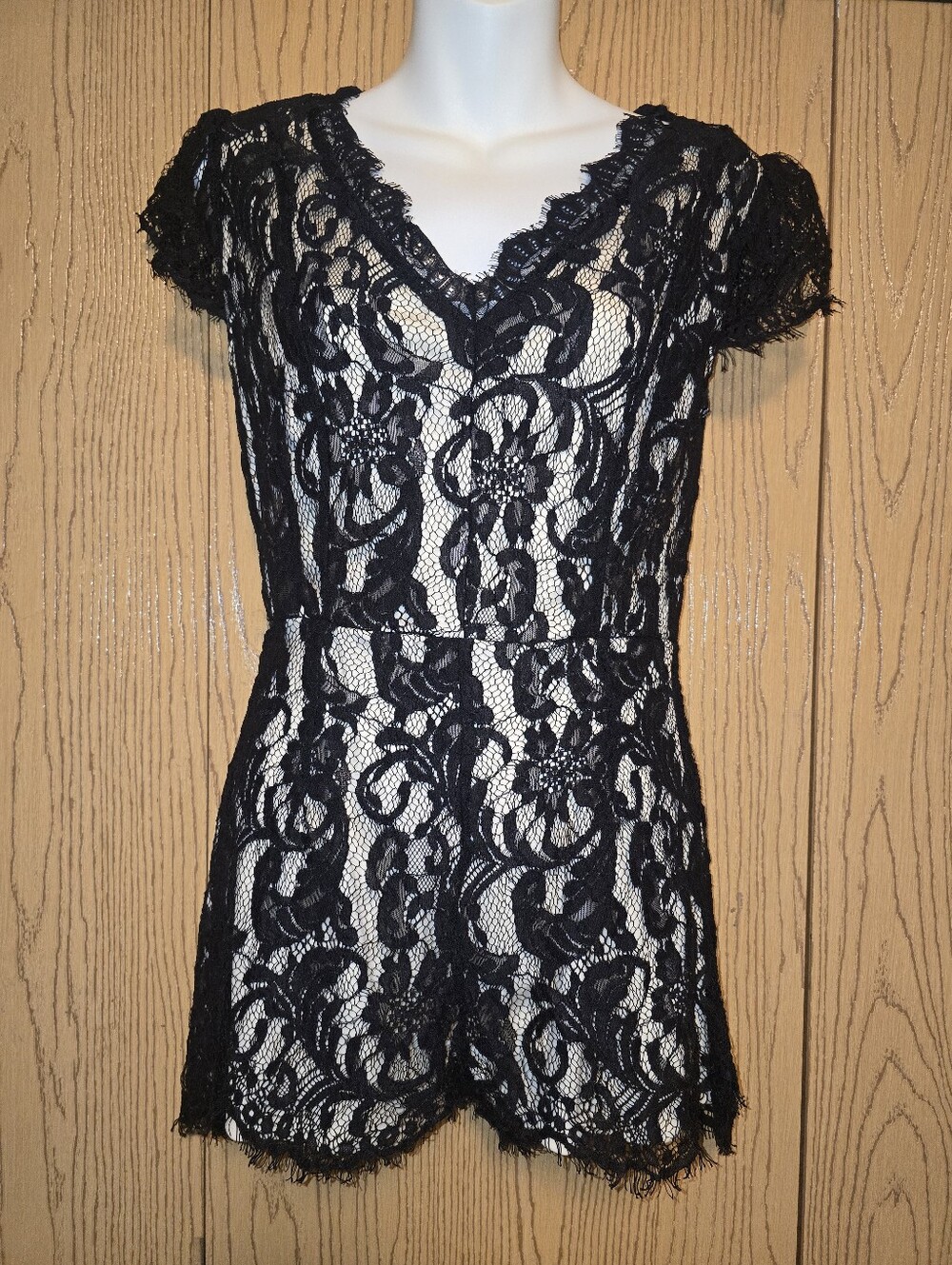 Charlotte Russe Black Lace V-Neck Romper with Cream Lining M